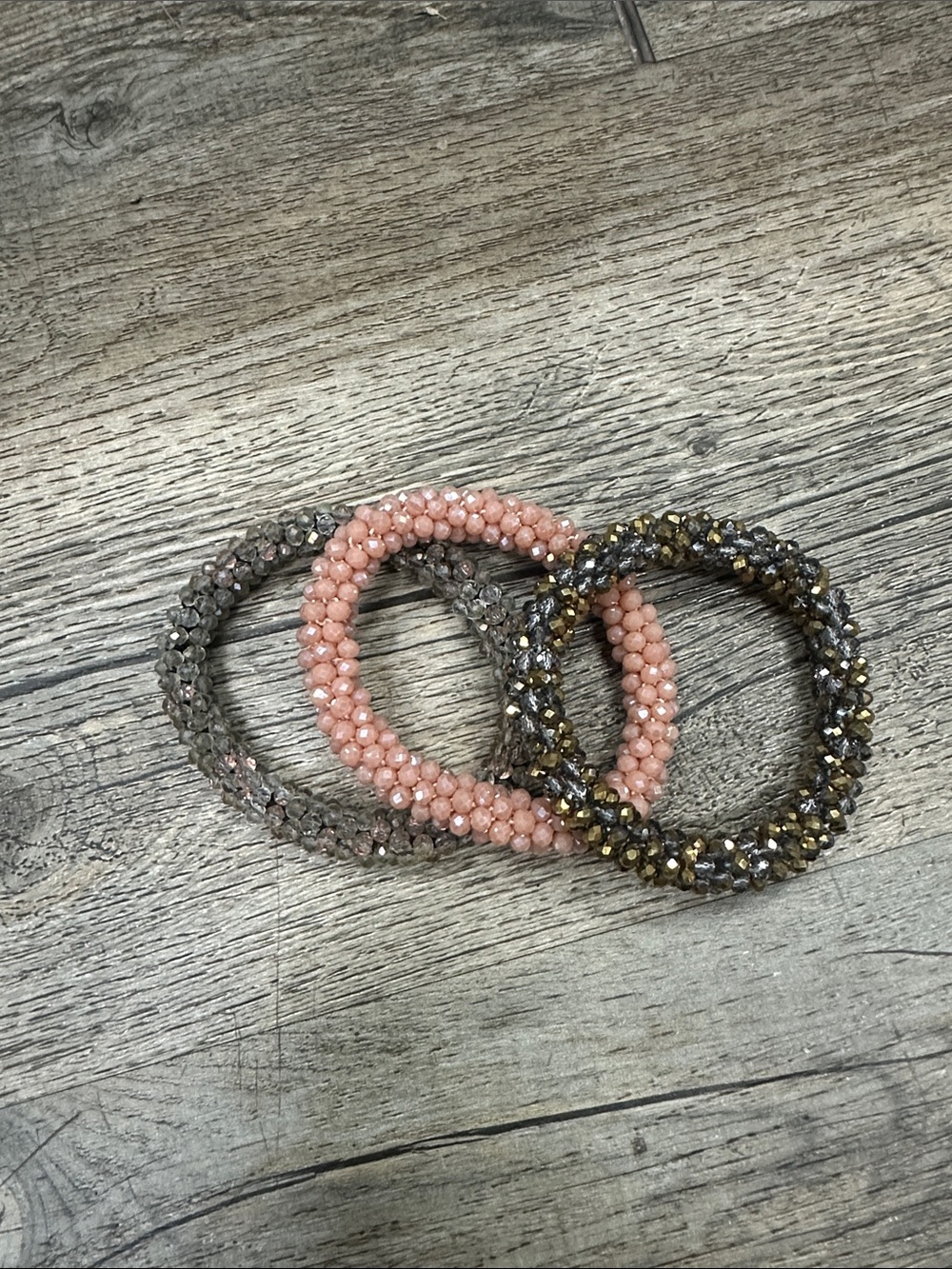 Beaded Stretch Bracelet Set - Peach and Metallic Tones
